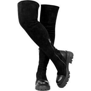 Women's Black Leather High Thigh Over-the-Knee Stretch lug Sole Heel Boot